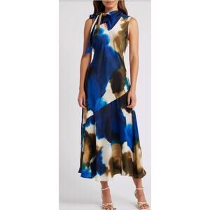 DKNY Abstract Print Tie Neck Midi Dress Blue Ivory Sleeveless NWT Large